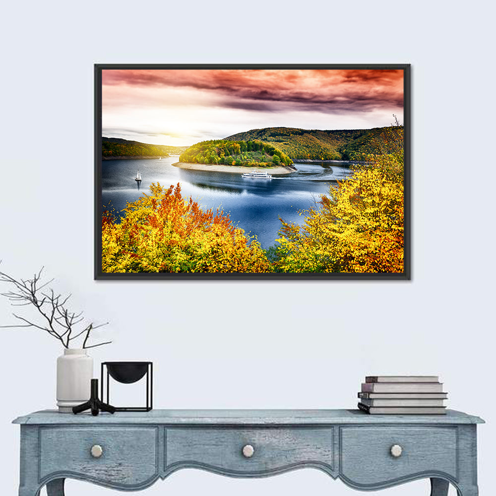 Autumn Sunset Over Lake with Boat Wall Art