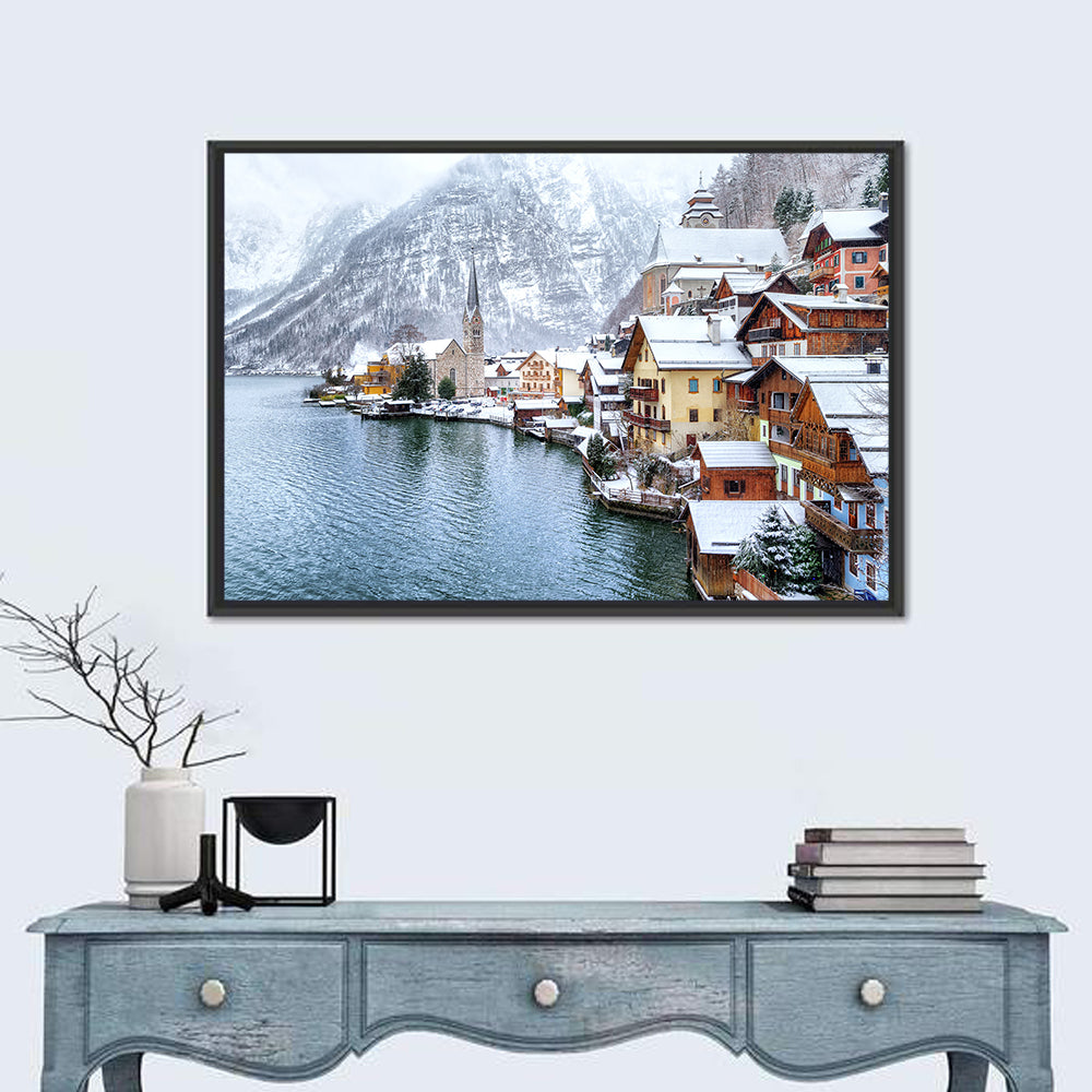 Hallstatt Winter Lakefront Wall Art in a room, landscape