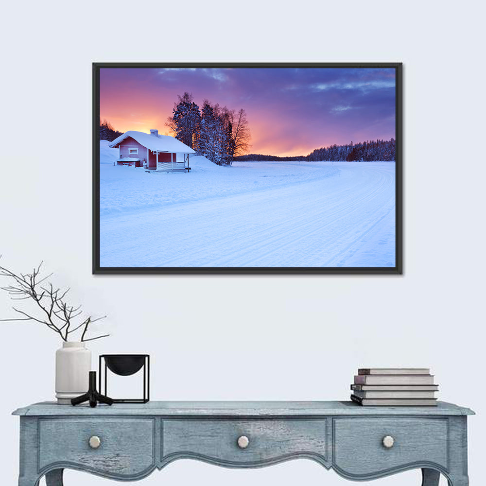 Lapland Sunrise Over Frozen Lake Wall Art in a room, landscape