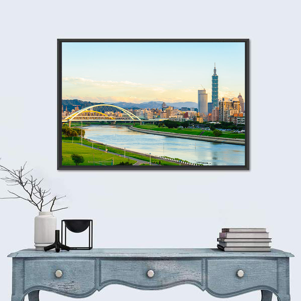 Taipei Skyline at Golden Hour Wall Art in a room, landscape