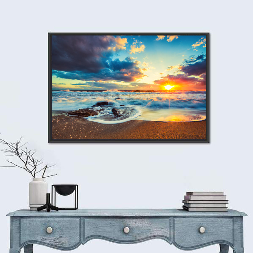 Sunrise Cloudscape Over Rocky Shore Wall Art in a room, landscape