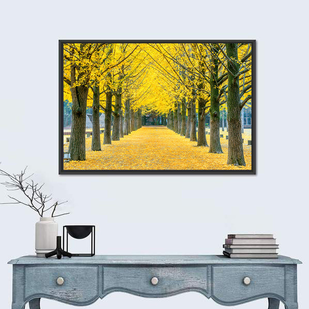 Row of Yellow Ginkgo Trees Wall Art in a room, landscape