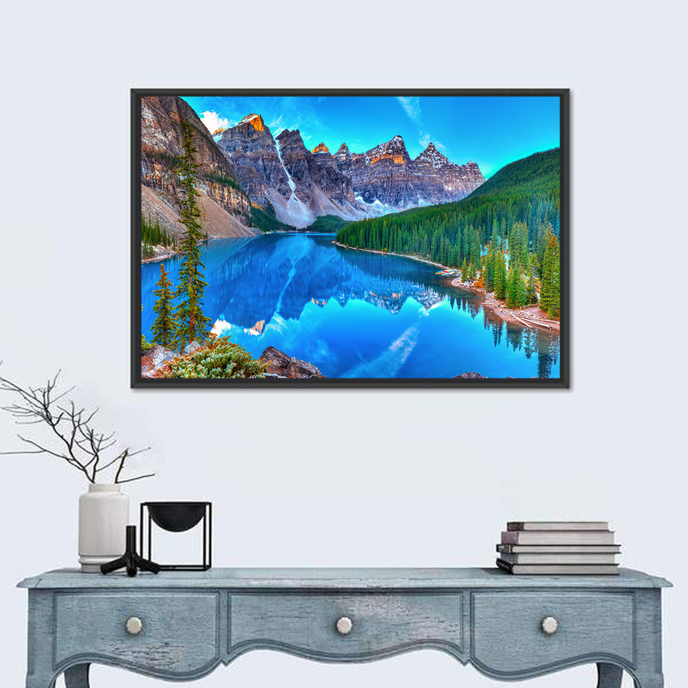 Moraine Lake Sunrise Reflection Wall Art in a room, landscape