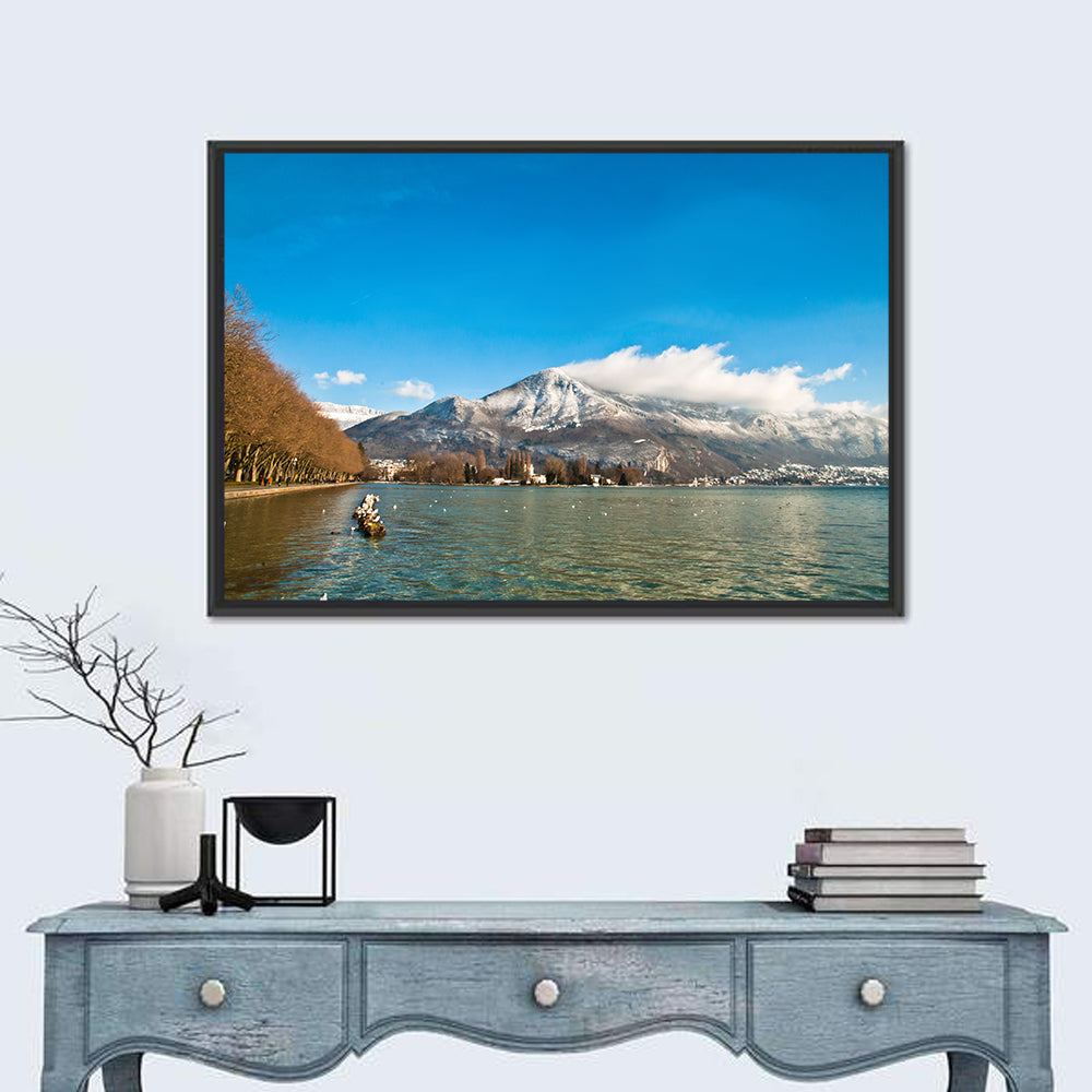 Lake Annecy Winter View Wall Art in a room, landscape