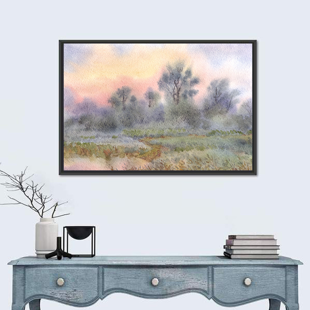 Morning Mist Over Meadow Wall Art in a room, landscape