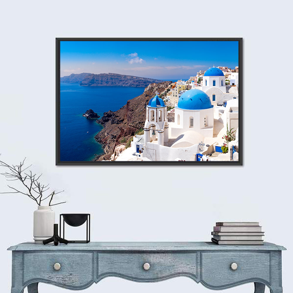 Blue Dome Churches of Oia, Santorini Wall Art in a room, landscape
