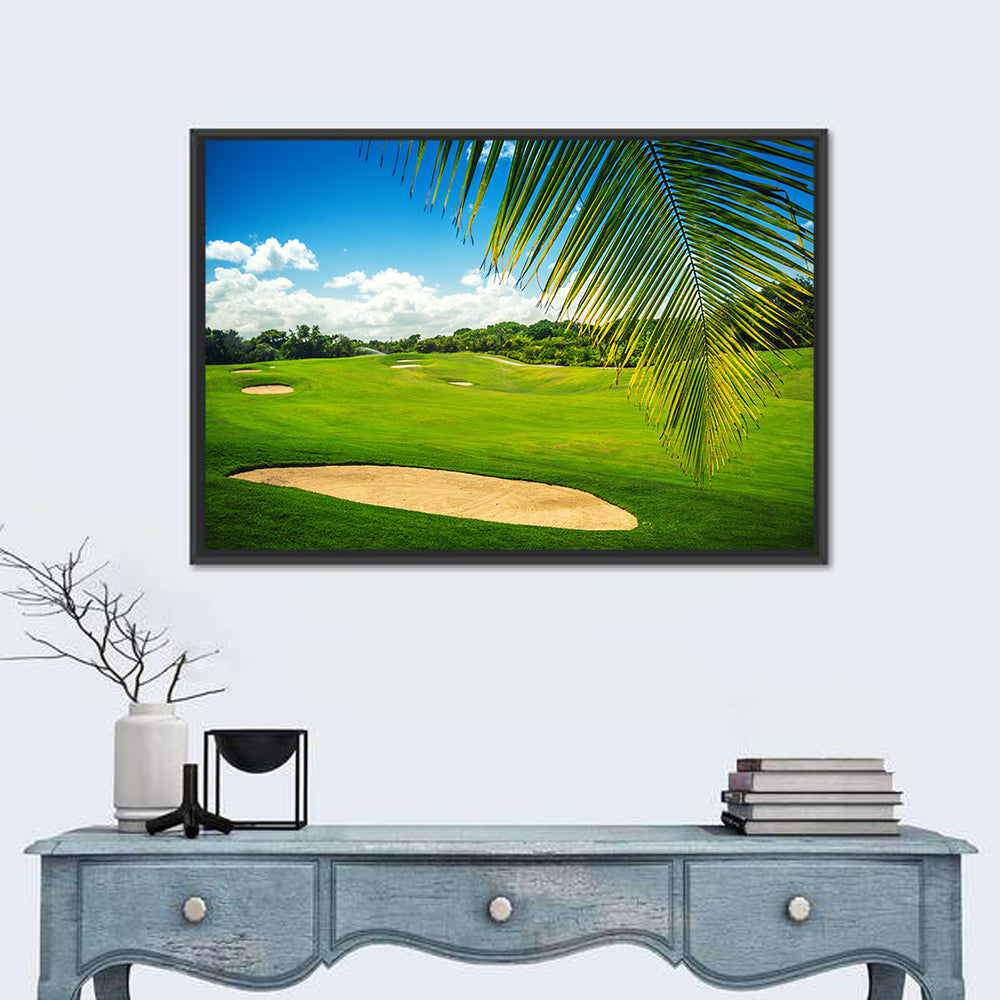 Palm Framed Golf Course Wall Art in a room, landscape
