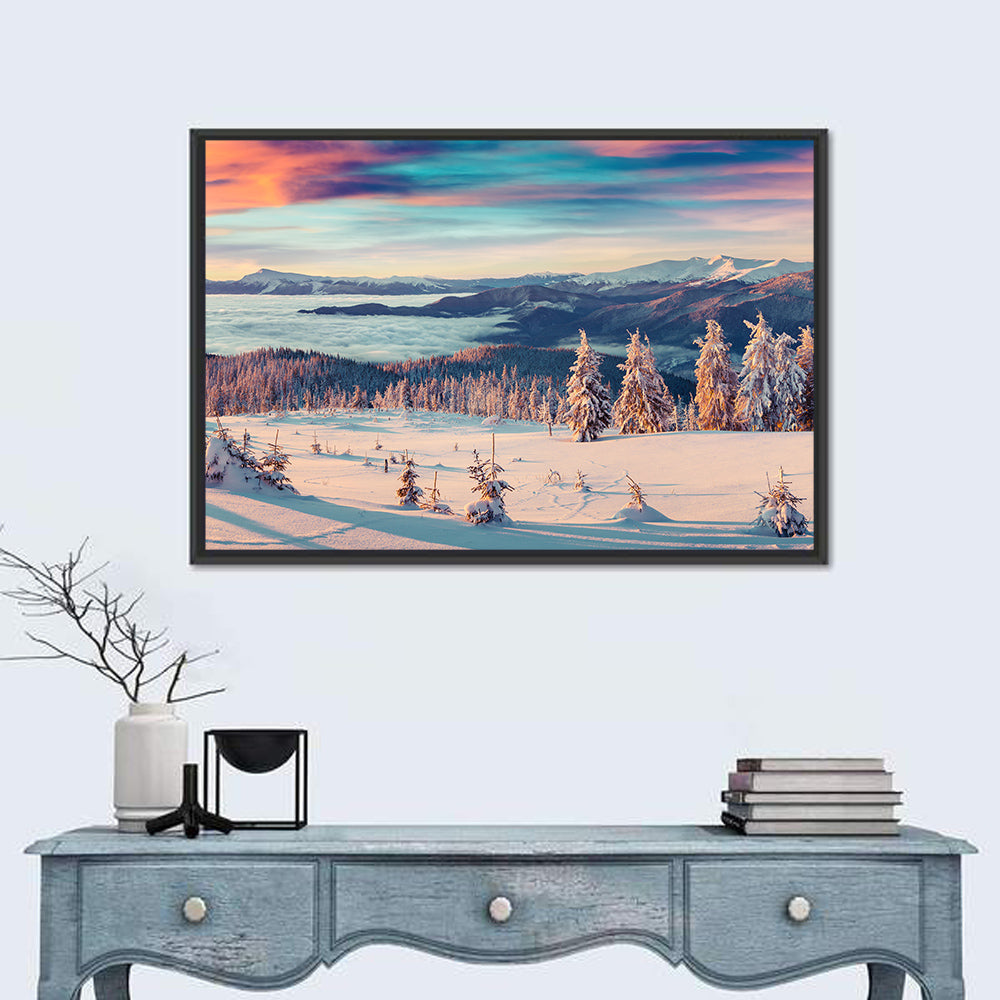Snowy Alpine Sunset Wall Art in a room, landscape