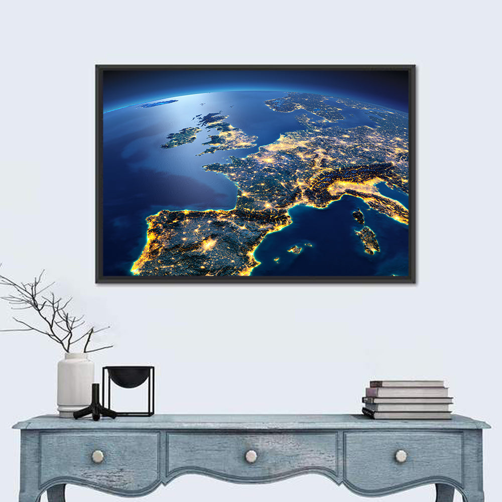 Night View of Earth Over Europe Wall Art in a room, landscape