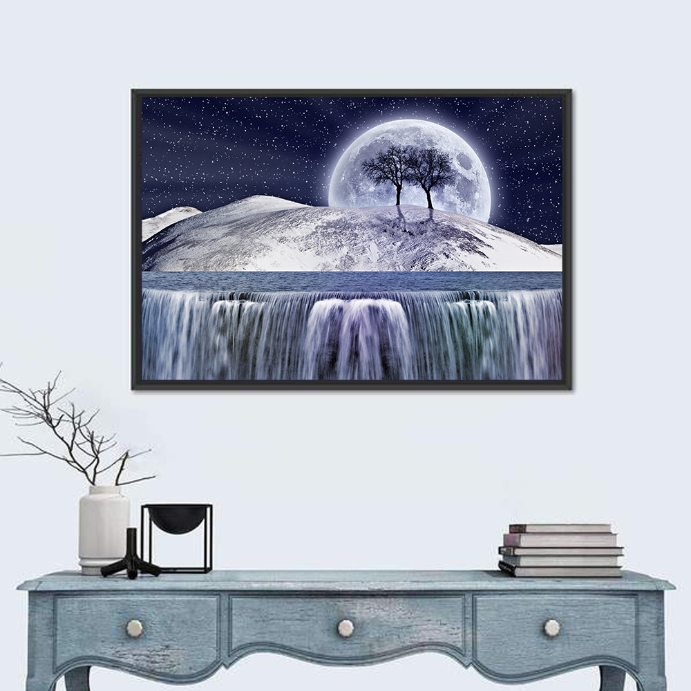 Moonlit Snowy Mountain Waterfall Wall Art in a room, landscape