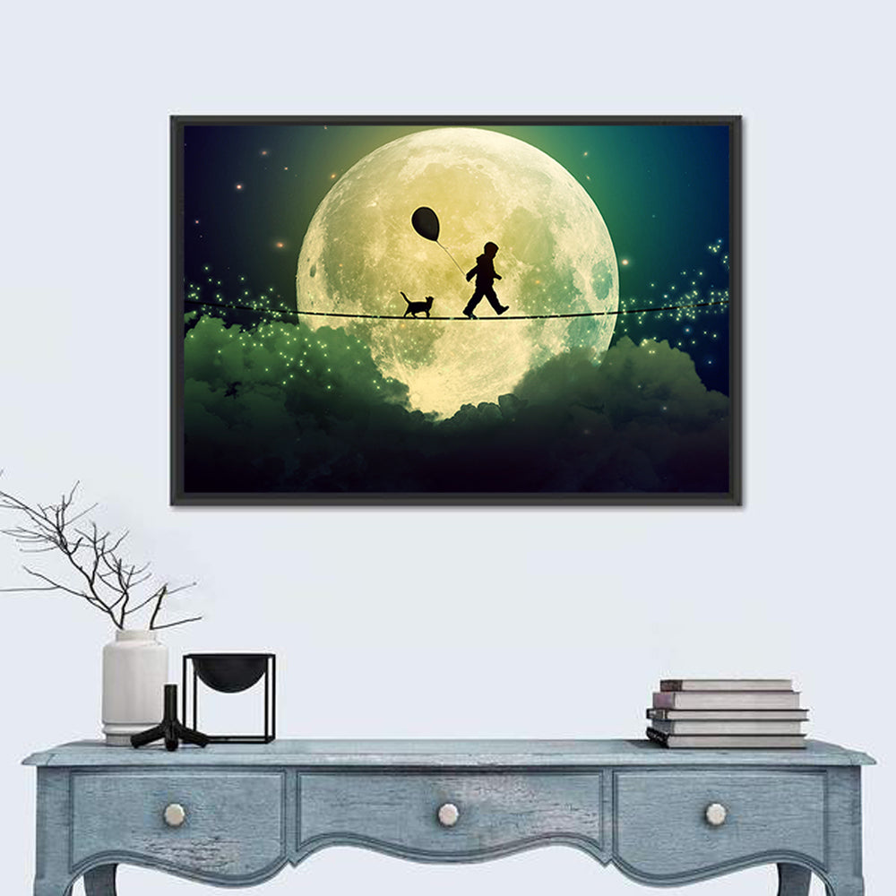Happy Boy and Cat Under Moonlight Wall Art