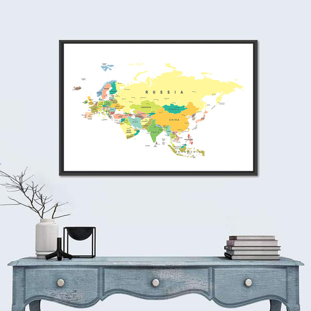 Eurasia Map with Country Labels Wall Art in a room, landscape