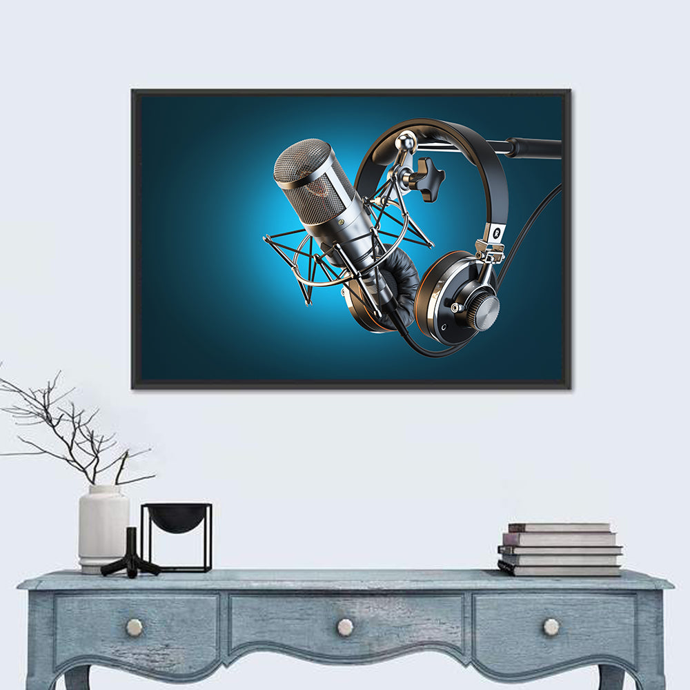 Condenser Microphone and Headphones Wall Art in a room, landscape