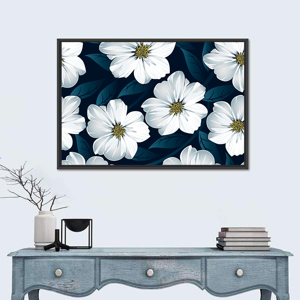 White Flowers on Navy Pattern Wall Art in a room, landscape