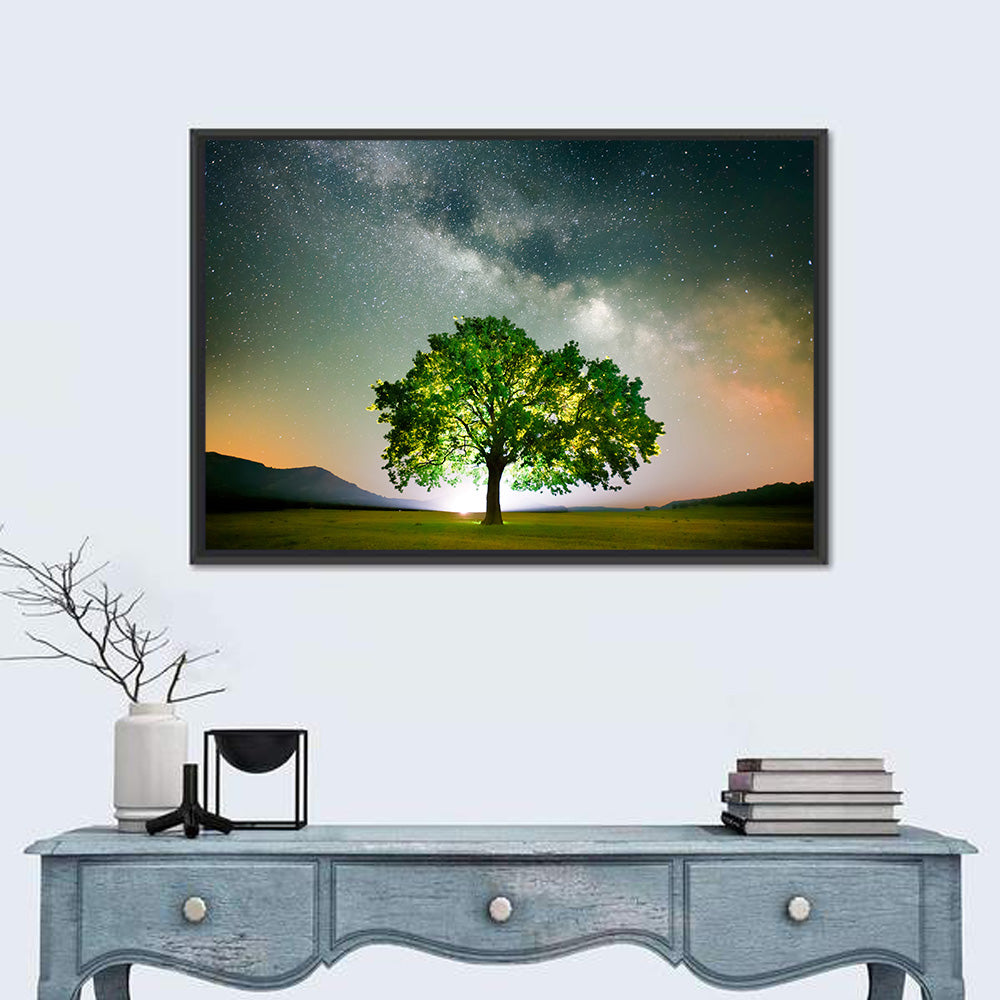 Lone Tree Under Milky Way Wall Art in a room, landscape