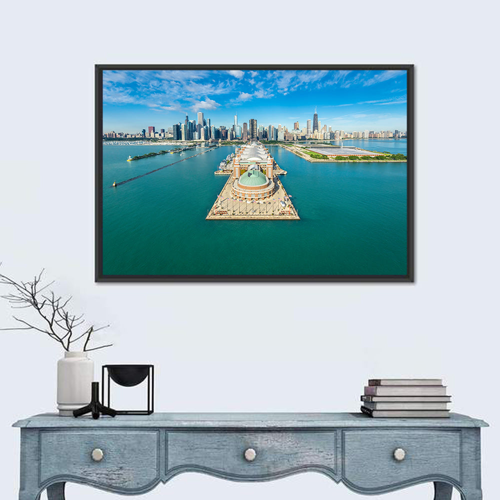 Chicago Navy Pier Aerial View Wall Art in a room, landscape
