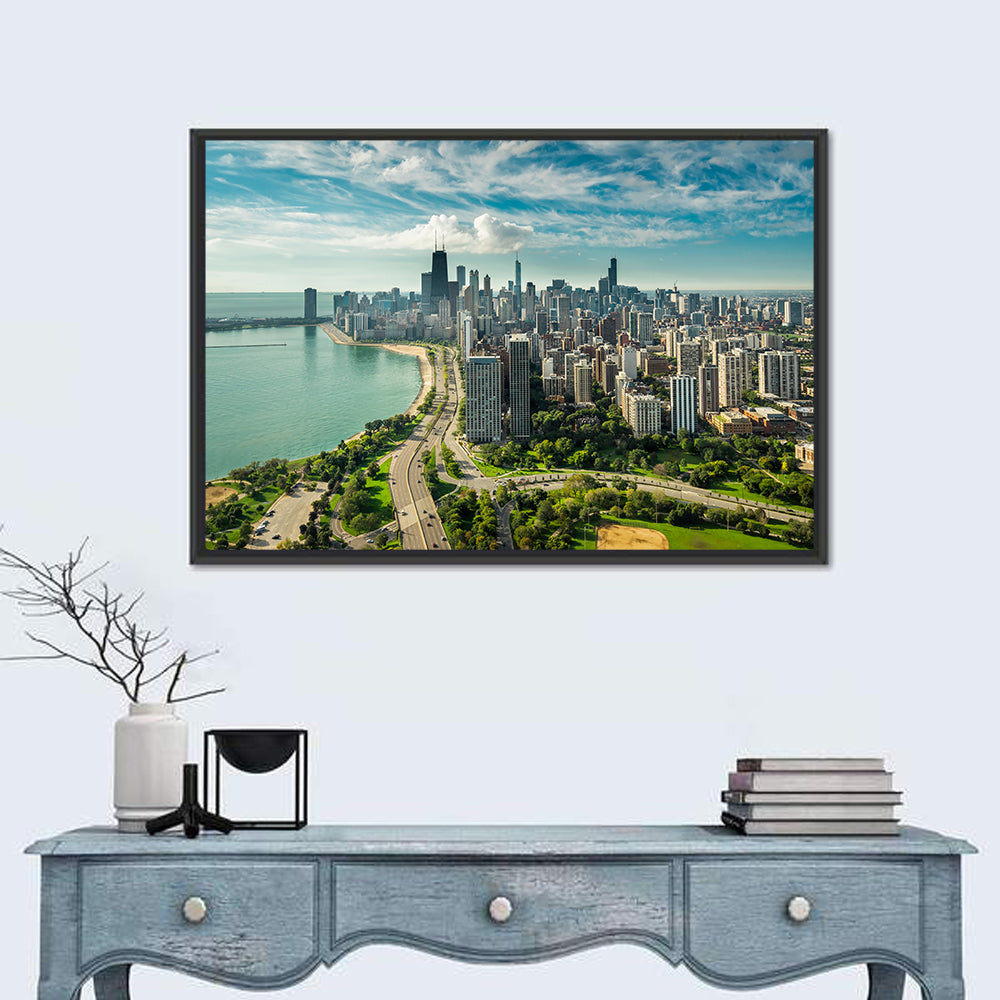 Chicago Lakefront Skyline Wall Art in a room, landscape