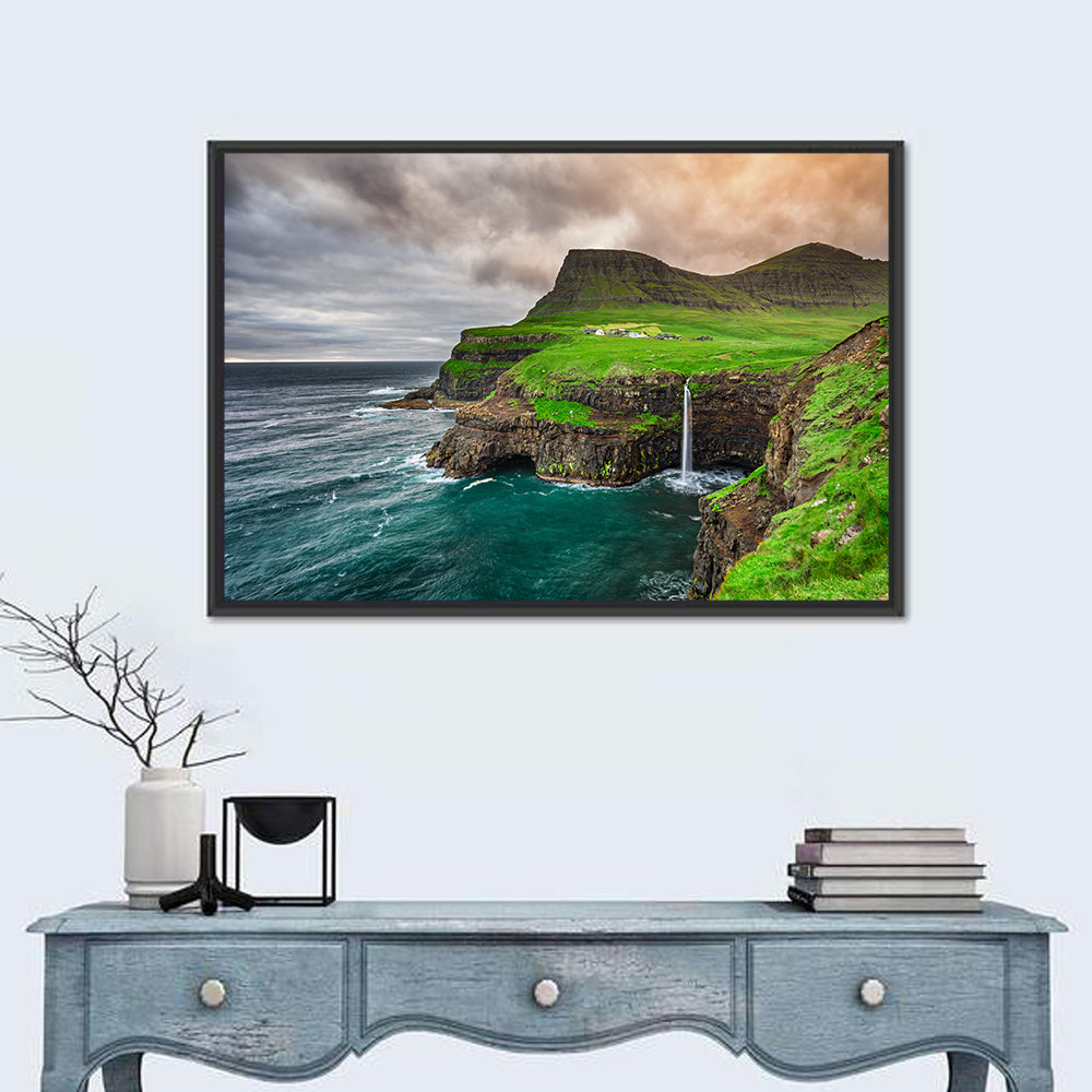 Gásadalur Múlafossur Waterfall Wall Art in a room, landscape