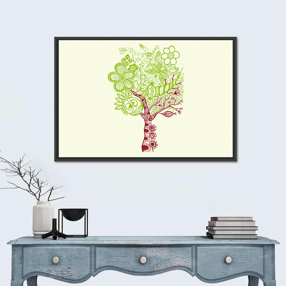 Surreal Tree with Sun Face Wall Art in a room, landscape