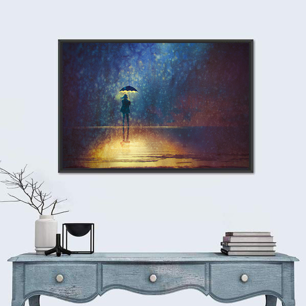 Woman Under Glowing Umbrella Wall Art in a room, landscape