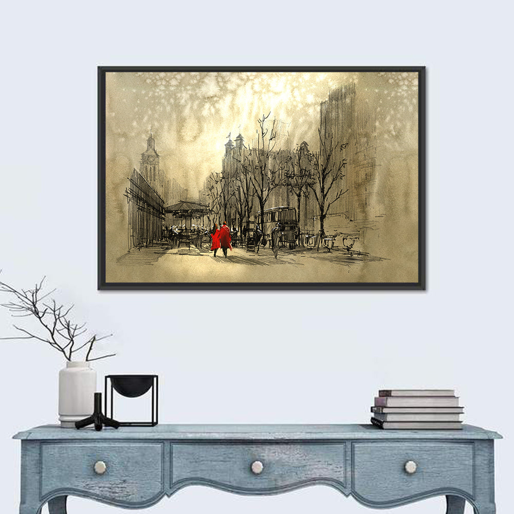 Couple in Red Coats on City Street Wall Art in a room, landscape
