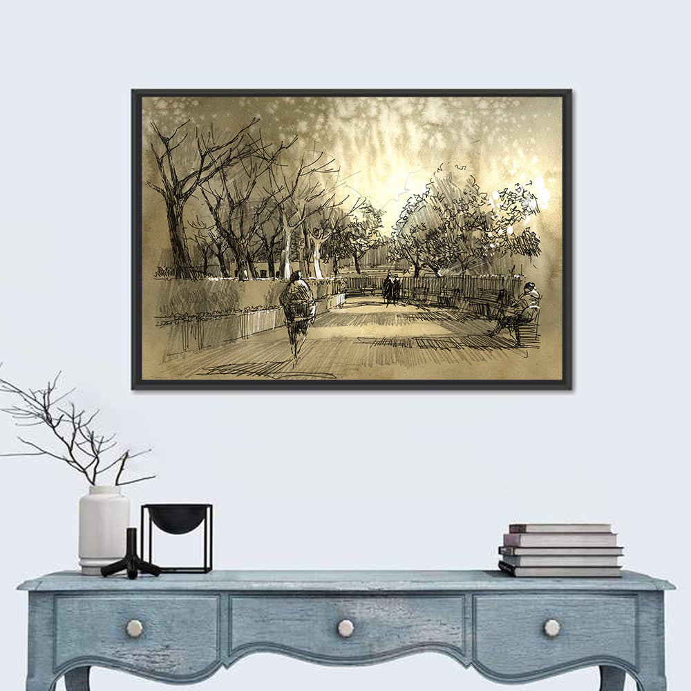 Late Afternoon Park Walkway Sketch Wall Art in a room, landscape