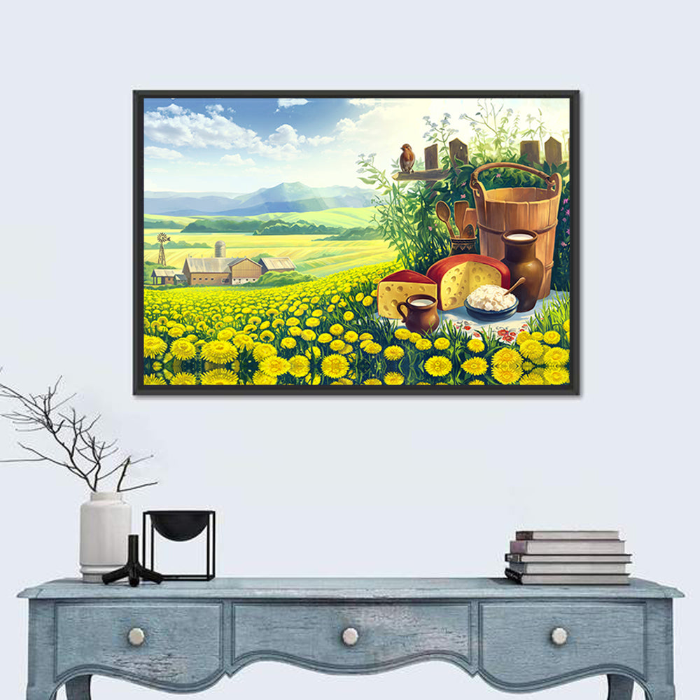 Dandelion Field Landscape Wall Art in a room, landscape
