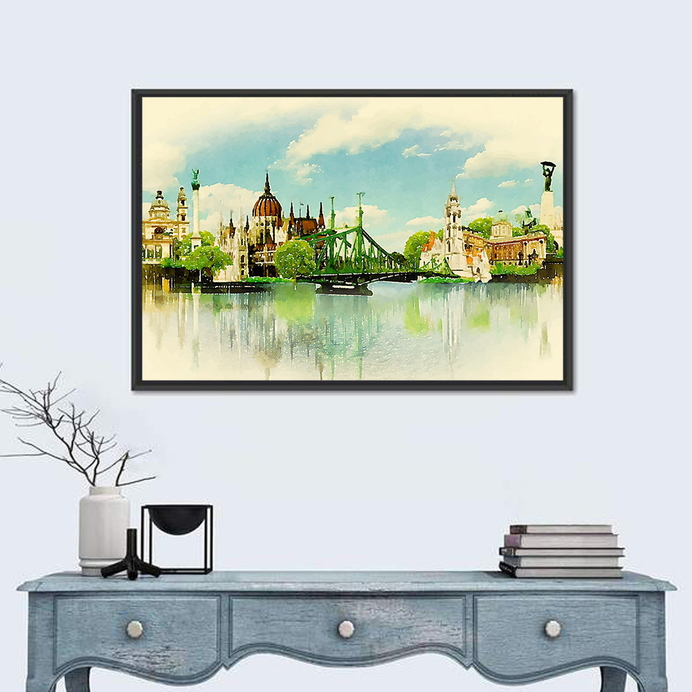 Budapest Riverfront Watercolor Wall Art in a room, landscape