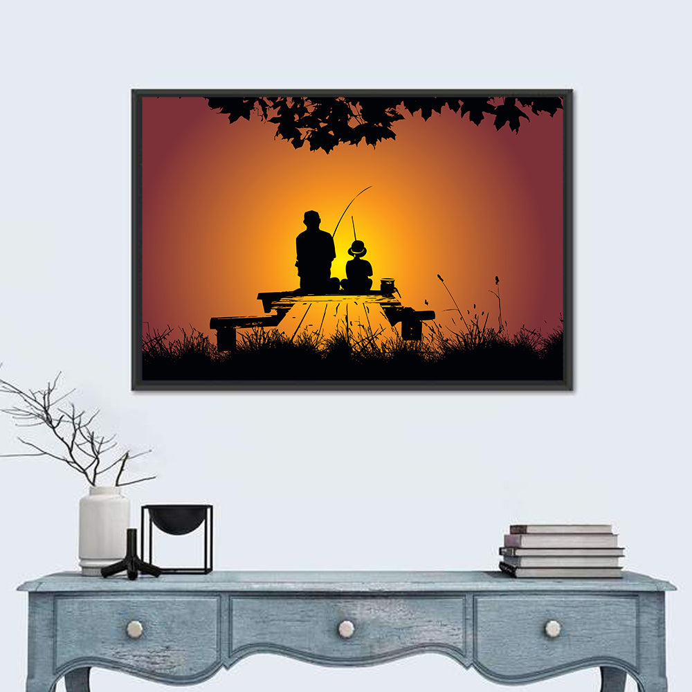 Dockside Sunset Fishing Silhouette Wall Art