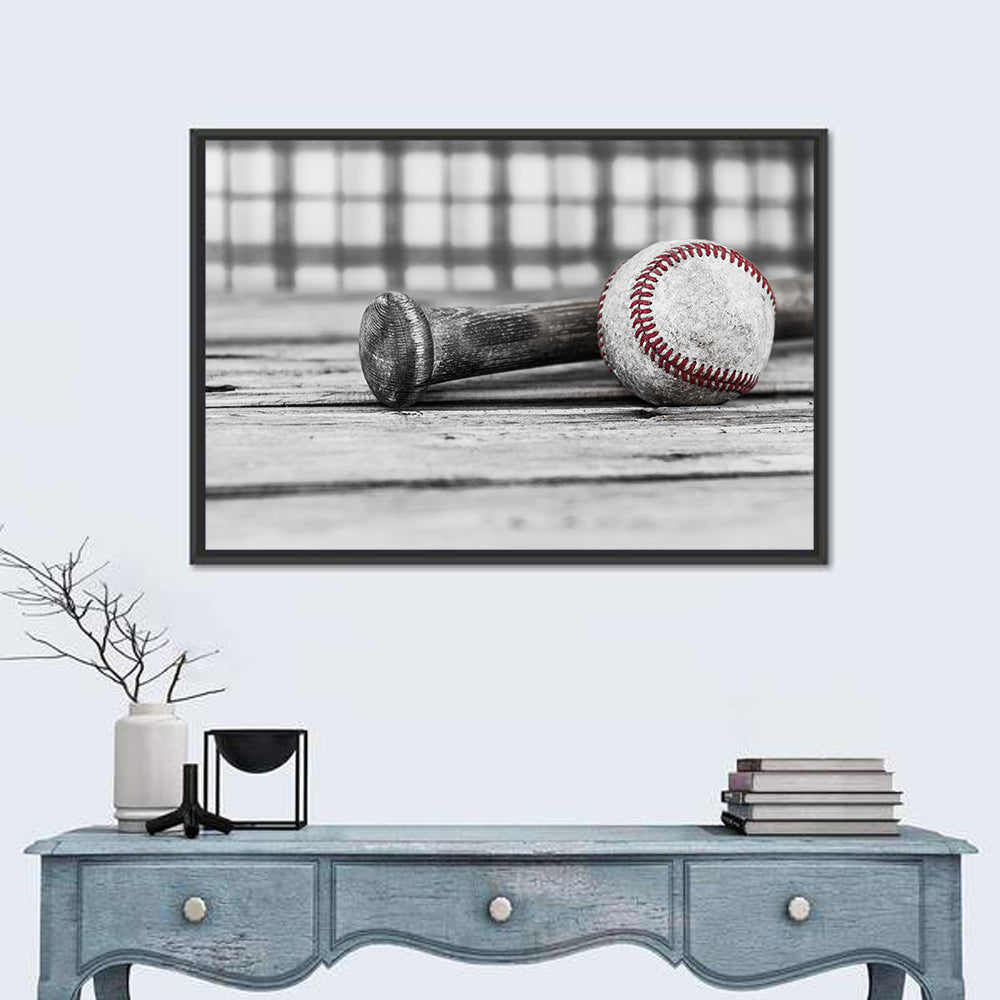 Baseball & Bat On Wood Surface Wall Art
