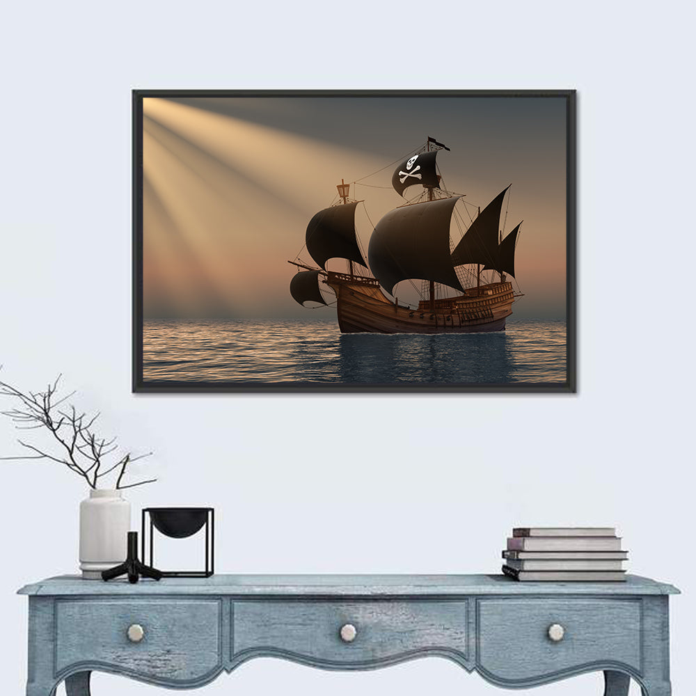 Pirate Ship at Sunset Wall Art in a room, landscape