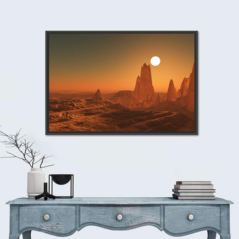 3d Surreal Alien Sunset Wall Art in a room, landscape