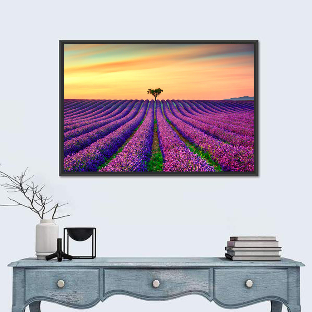 Lavender Field with Solitary Tree Wall Art in a room, landscape