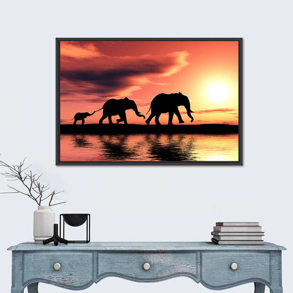 Marching Elephants at Sunset Wall Art