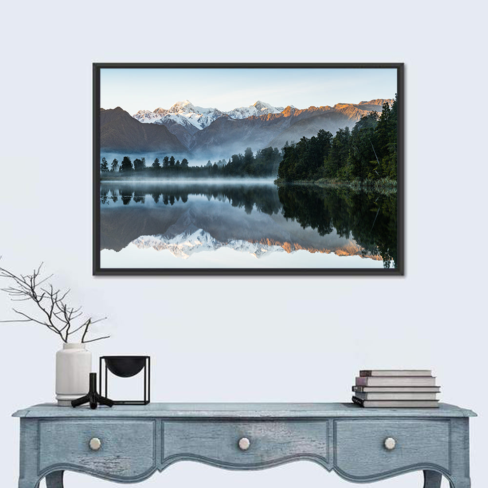 Early Morning Lake Reflection Wall Art in a room, landscape