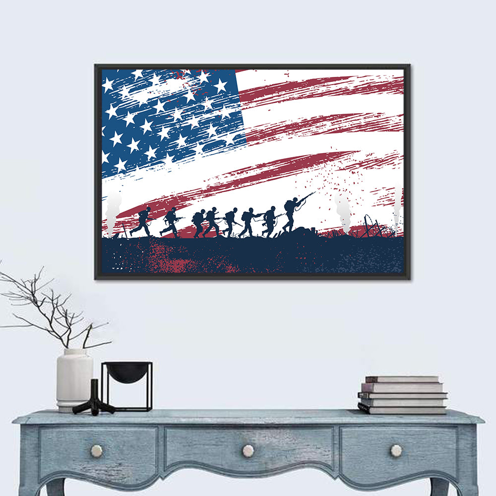 Silhouetted Soldiers with Distressed American Flag Wall Art in a room, landscape