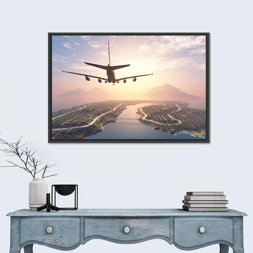 Airplane Over Island at Sunset Wall Art