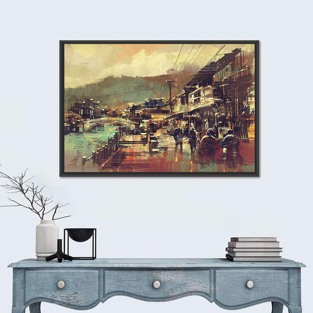 Old Riverside Village at Dusk Wall Art in a room, landscape