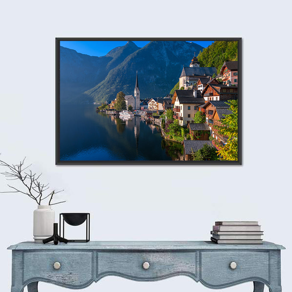 Hallstatt Lakeside Reflections Wall Art in a room, landscape