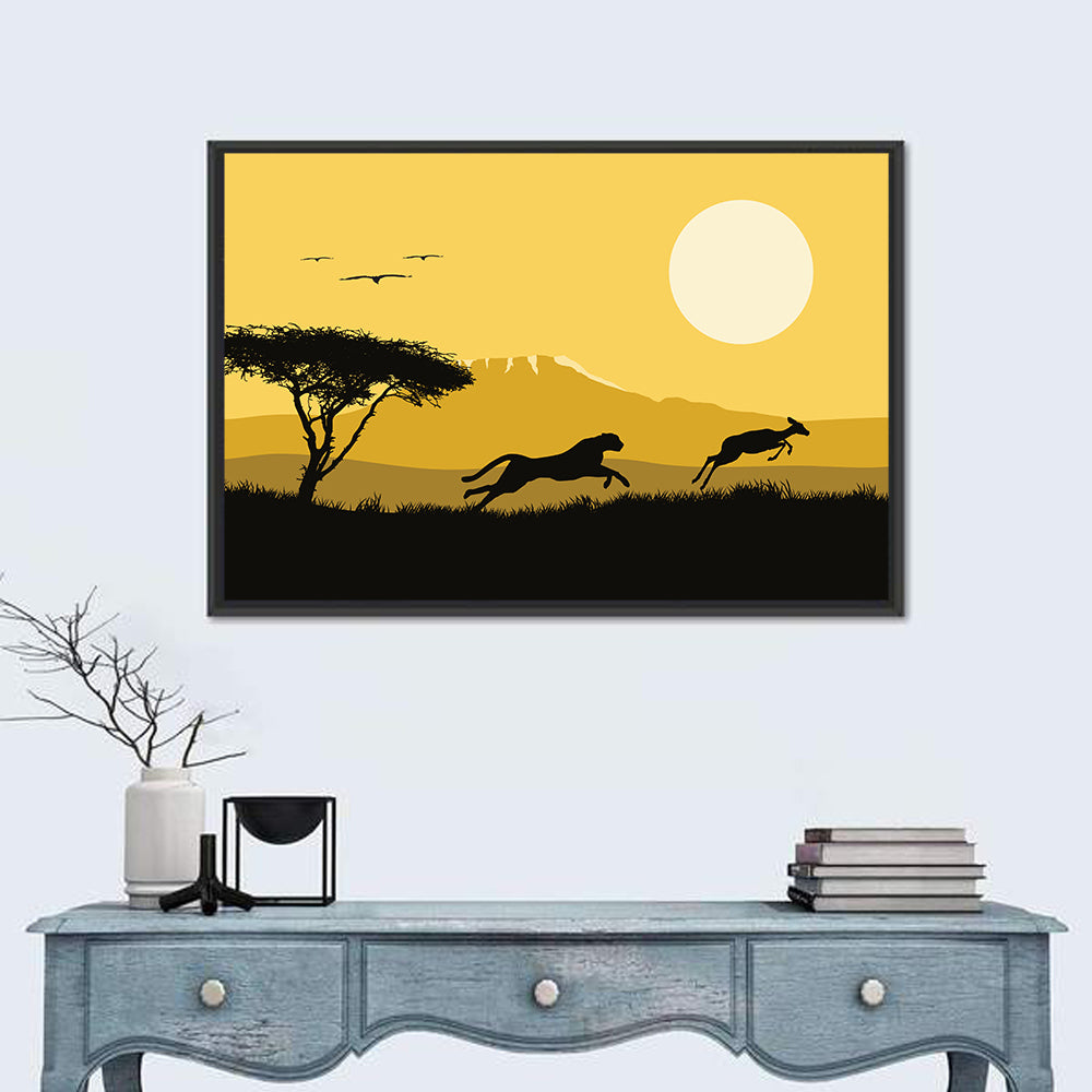 Savannah Sunset Silhouette Wall Art in a room, landscape