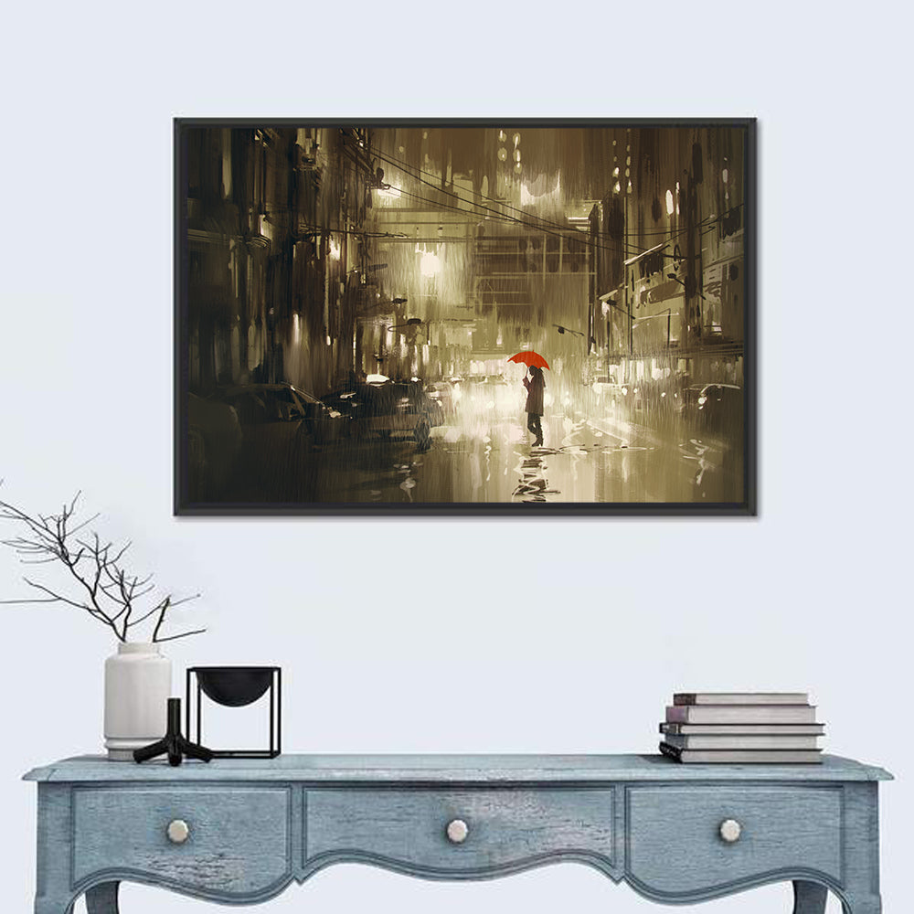 Red Umbrella on Rainy City Street Wall Art