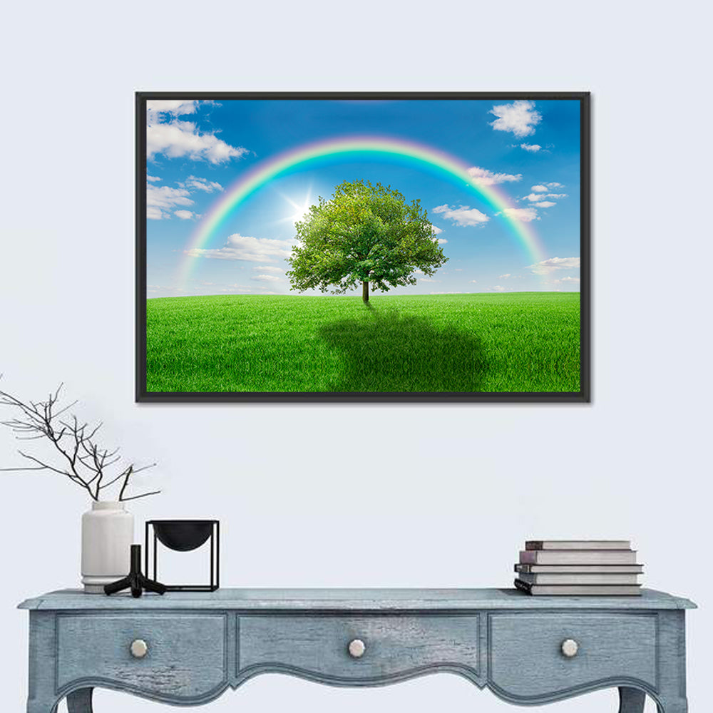 Oak Tree on Green Meadow Wall Art in a room, landscape