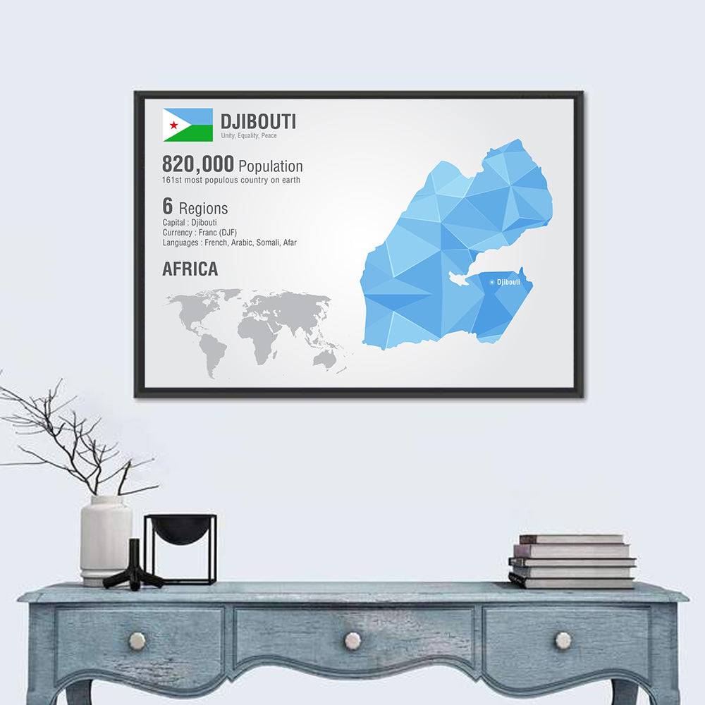 Djibouti Geometric Infographic Map Wall Art in a room, landscape