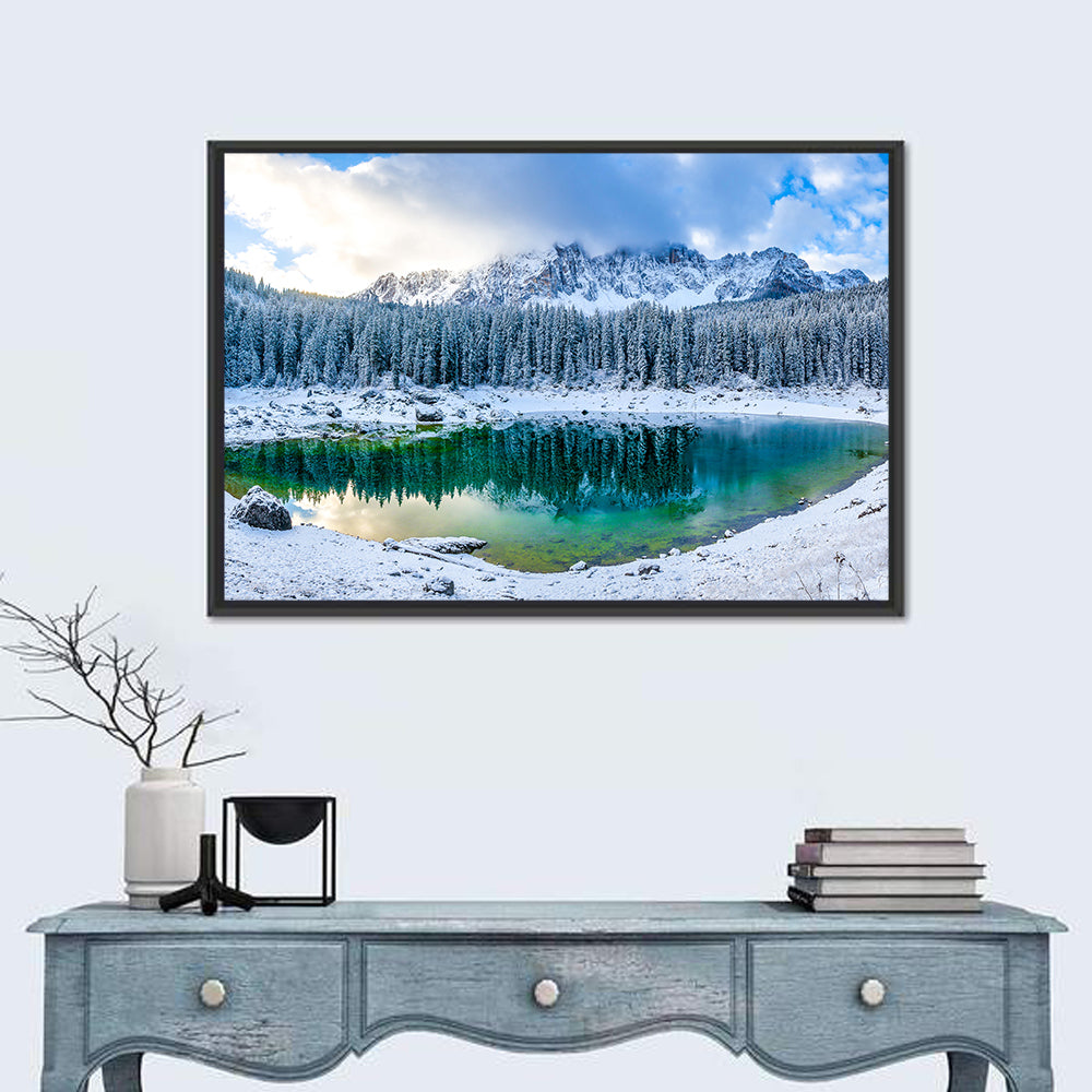 Snowy Mountain Lake Reflection Wall Art in a room, landscape