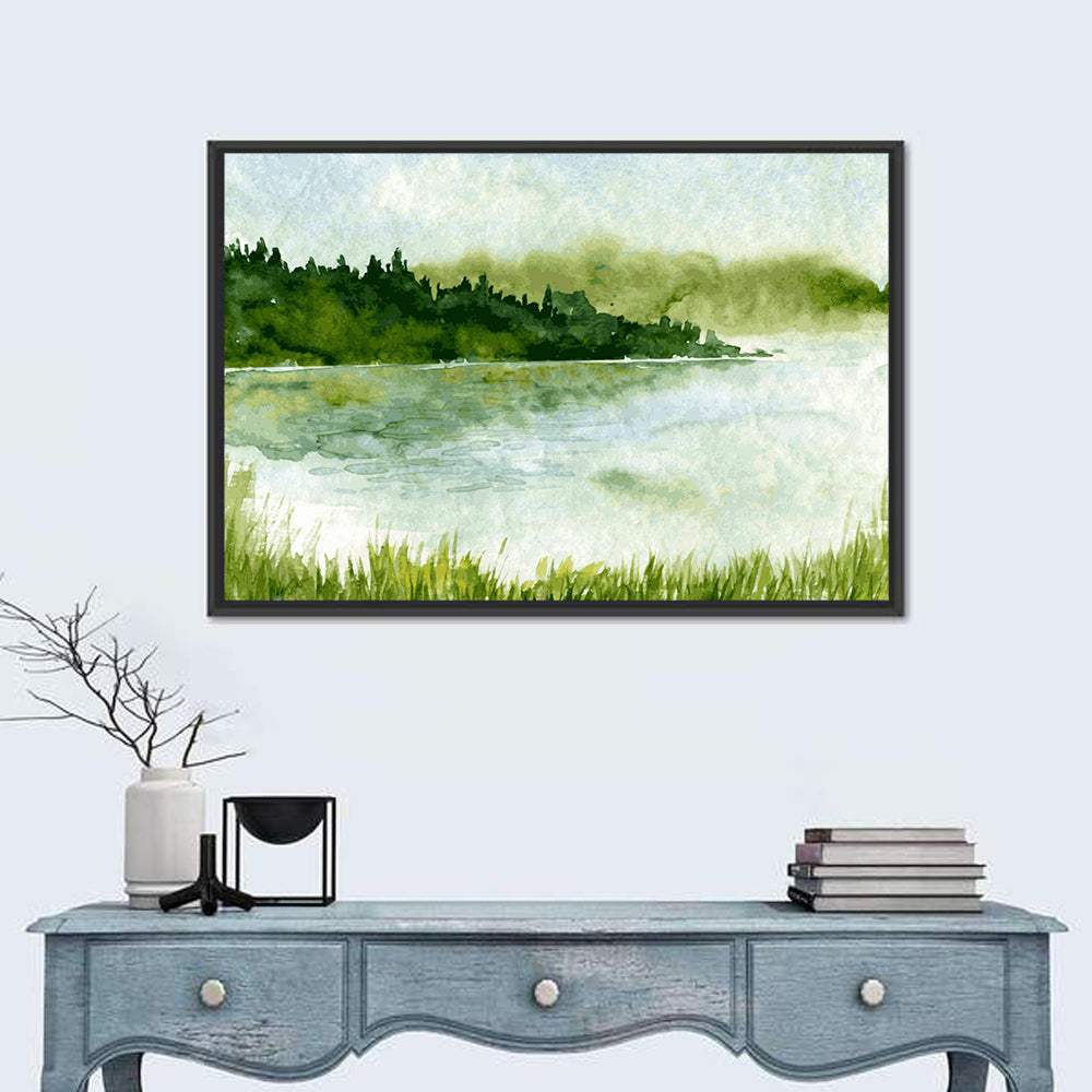 Misty Spruce Lake Landscape Wall Art in a room, landscape