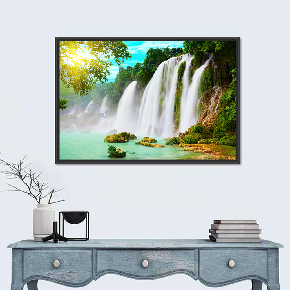 Sunlit Ban Gioc Waterfall Wall Art in a room, landscape
