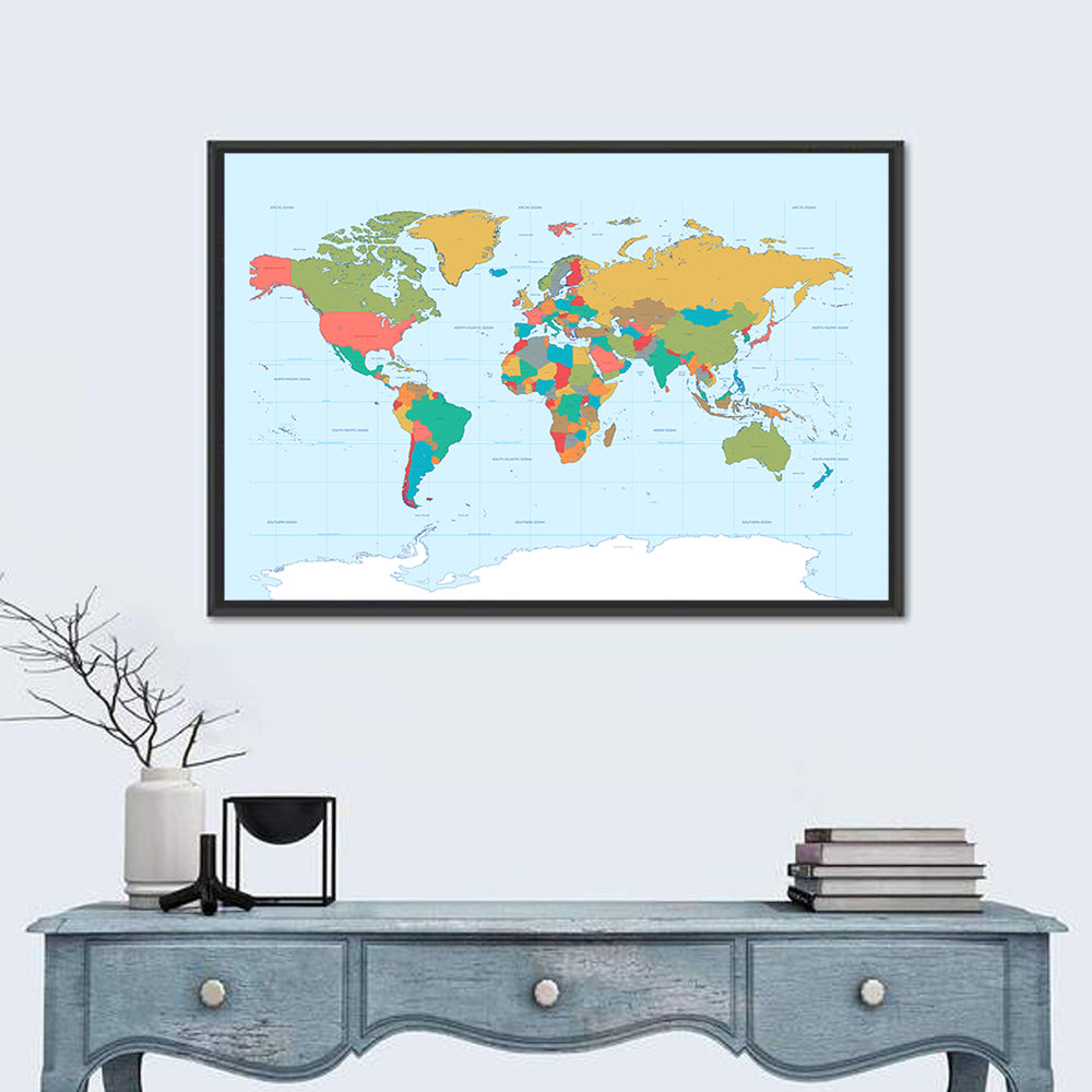 Colorful World Map with Grid Wall Art