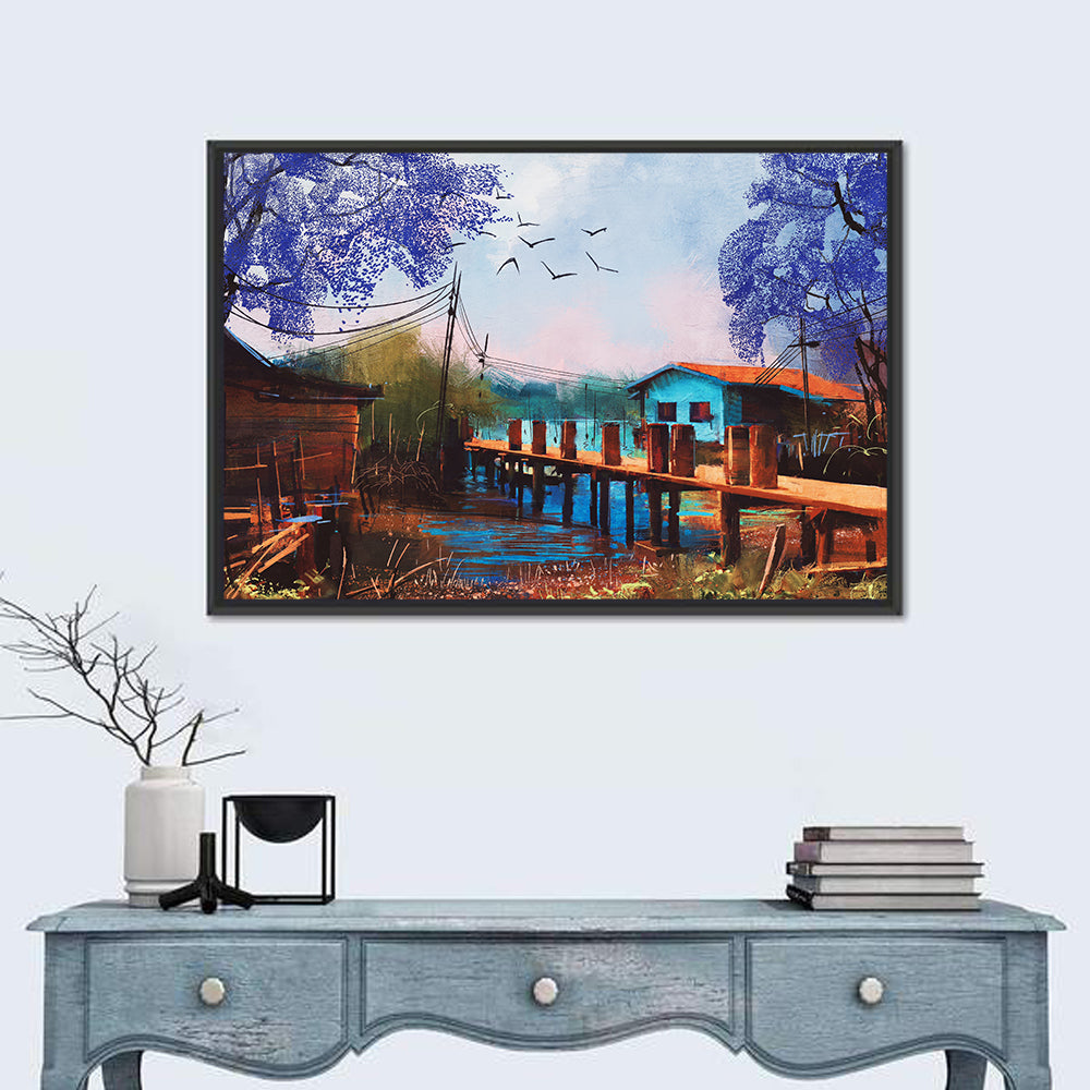 Rustic Fishing Village Pier Wall Art in a room, landscape