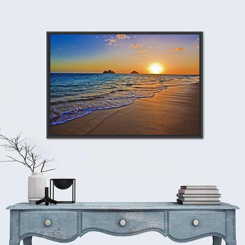 Lanikai Sunrise Over Mokulua Islands Wall Art in a room, landscape