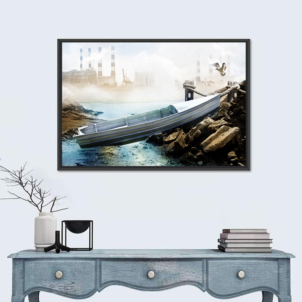 Aluminum Boat on Dry Lake Bed Wall Art in a room, landscape